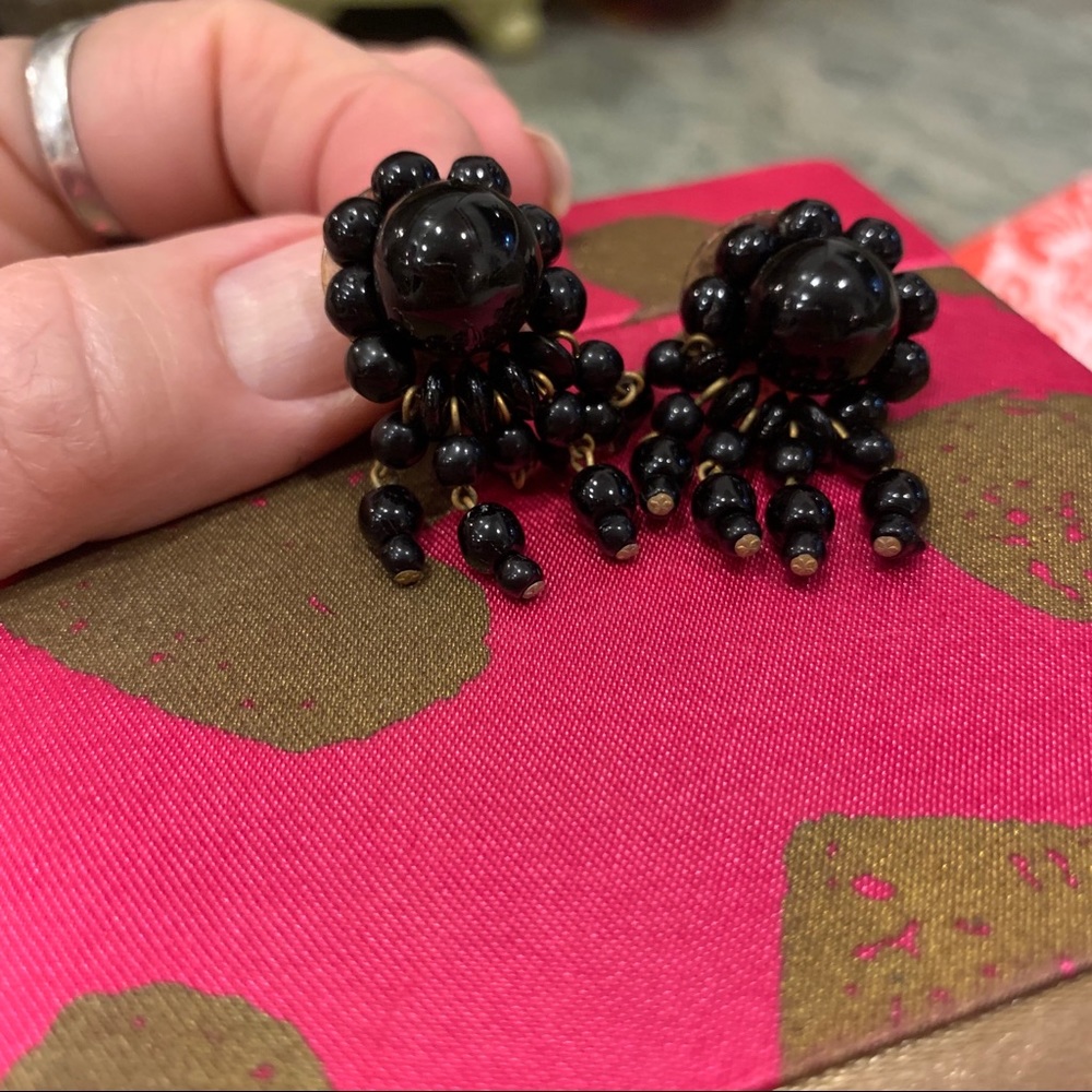 Vintage Black Glass Bead Dangle Earrings